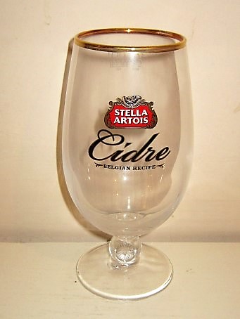 beer glass from the Stella Artois brewery in Belgium with the inscription 'Stella Artois Cidre Belgian Recipe'