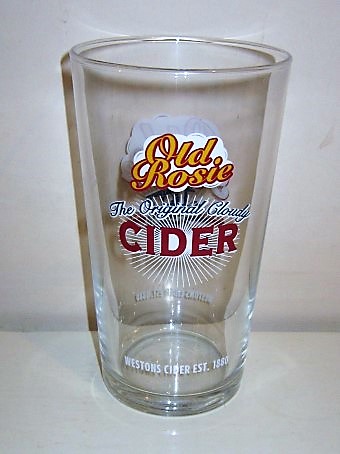 beer glass from the Westons Cider brewery in England with the inscription 'Old Rosie, The Original Cloudy Cider Westons Cider EST 1880'