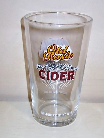 beer glass from the Westons Cider brewery in England with the inscription 'Old Rosie, The Original Cloudy Cider Westons Cider EST 1881'