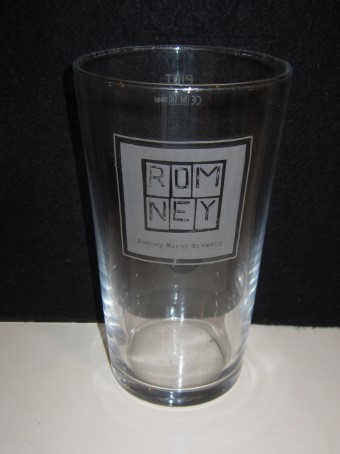 beer glass from the Romney Marsh  brewery in England with the inscription 'Romney, Romney Marsh Brewery'
