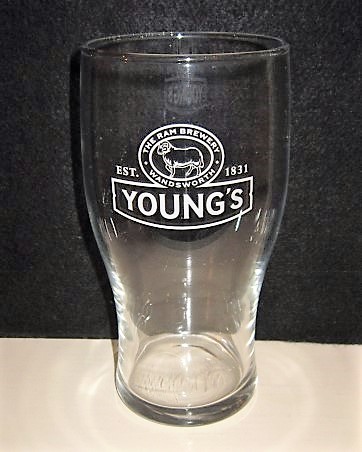 beer glass from the Young's brewery in England with the inscription 'The Rams Brewery Wondsworth Young's'