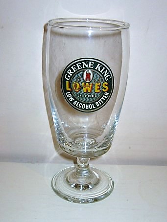 beer glass from the Greene King brewery in England with the inscription 'Greene King Lowes Low Alcohol Bitter, Under 1% ALC'