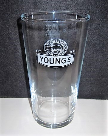 beer glass from the Young's brewery in England with the inscription 'The Rams Brewery Wondsworth Young's'