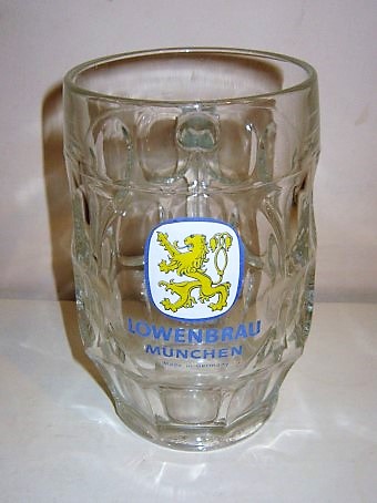 beer glass from the Lowenbrau brewery in Germany with the inscription 'Lowenbrau Munchen, Made In Germany'