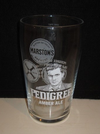 beer glass from the Marston's brewery in England with the inscription 'Burton On Trent Marston's Brewery Pedigree Amber Ale'