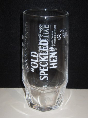 beer glass from the Morland  brewery in England with the inscription 'Old Speckled Hen'