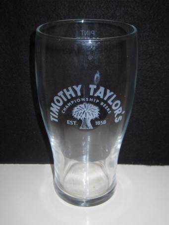 beer glass from the Timothy Taylor brewery in England with the inscription 'Timothy Taylor's Championship Beers Est 1858'