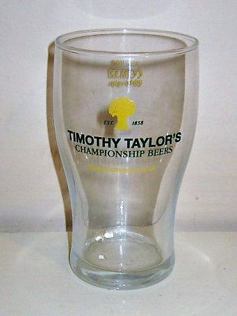 beer glass from the Timothy Taylor brewery in England with the inscription 'Timothy Taylor's Championship Beers Est 1859, www.timothytaylor.co.uk'