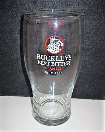 beer glass from the Buckleys brewery in Wales with the inscription 'Buckleys Best Bitter Llanelli Estd 1767'