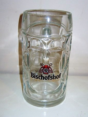 beer glass from the Bischofshof brewery in Germany with the inscription 'Bischofshof, Seit 1649 Das Bier, Das Uns Zu Freunden Macht'