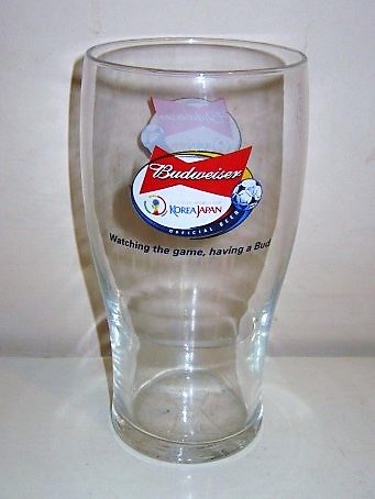 beer glass from the Anheuser Busch brewery in U.S.A. with the inscription 'Budweiser Krean/Japan 2002 Fifa World Cup Official Beer, Watching The Game, Having A Bud'