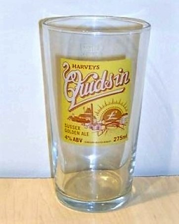 beer glass from the Harvey & Son brewery in England with the inscription 'Harveys Quids In Sussex Golden Ale'