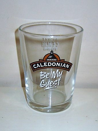 beer glass from the Caledonian  brewery in Scotland with the inscription 'Caledonian Be My Guest'