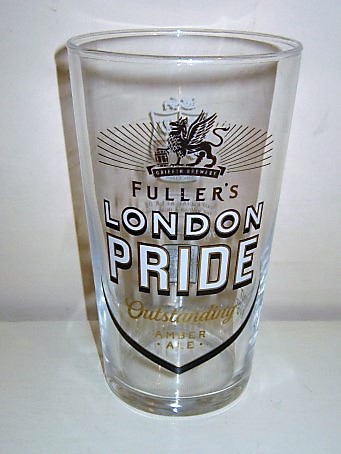 beer glass from the Fuller's brewery in England with the inscription 'Fuller's London Pride Outstanding Amber Ale Griffin Brewery'