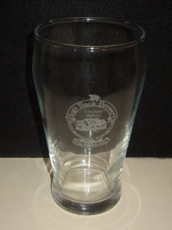 beer glass from the Hogs Back brewery in England with the inscription 'Hogs Back Brewery Tongham Surrey Independent Brewers'