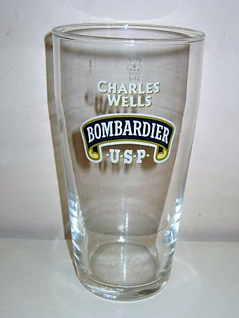 beer glass from the Wells & Youngs brewery in England with the inscription 'Charles Wells Bombardier USP'