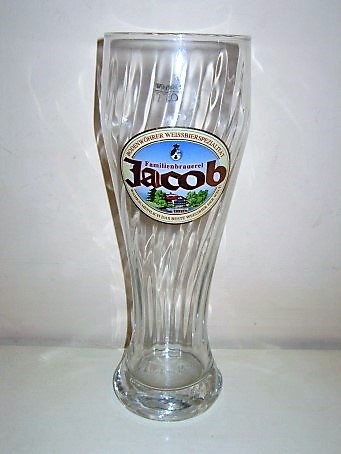 beer glass from the Jacob brewery in Germany with the inscription 'Jacob Familien Brauerei Bodenwohrer Weissbier Spezialitat Wahrscheinlich Das Beste Weissbier Der Welt'
