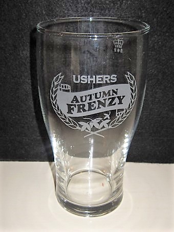 beer glass from the Ushers brewery in England with the inscription 'Ushers Autumn Frenzy'