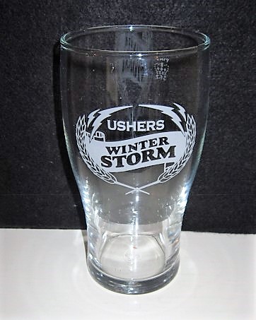 beer glass from the Ushers brewery in England with the inscription 'Ushers Winter Storm'