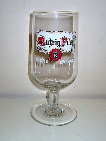 beer glass from the Mutzig brewery in France with the inscription 'Mutzig Pils Biere D'Alsace'