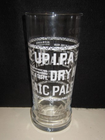beer glass from the Adnams brewery in England with the inscription 'Around-Adnams Southwold Jack Brand
EASE UP I.P.A. 
Dry Hopped Lager '