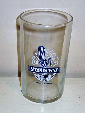 beer glass from the Steam Whistle Brewing brewery in Canada with the inscription 'Steam Whistle Craft Brewed At The Roundhouse, Tronto Canada'