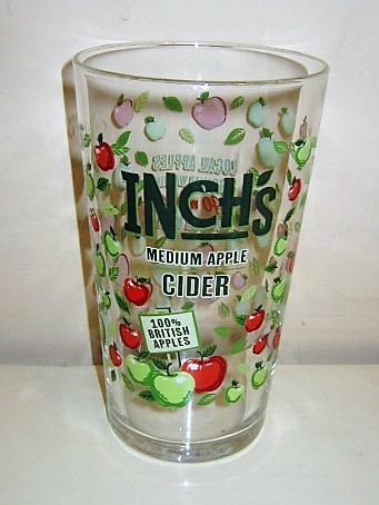 beer glass from the Bulmers brewery in England with the inscription 'Inch's Medium Apple Cider 100% British Apples'