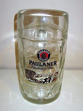 beer glass from the Paulaner brewery in Germany with the inscription 'Paulaner Munchen Seit 1634 Paulaner Octoberfest Bier'