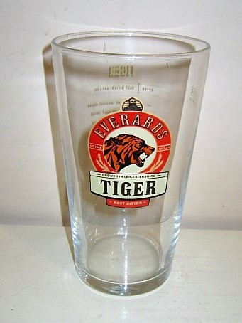 beer glass from the Everards brewery in England with the inscription 'Everards Tiger Brewed In Leicestershire Best Bitter EST 1849 ABV 4.2'