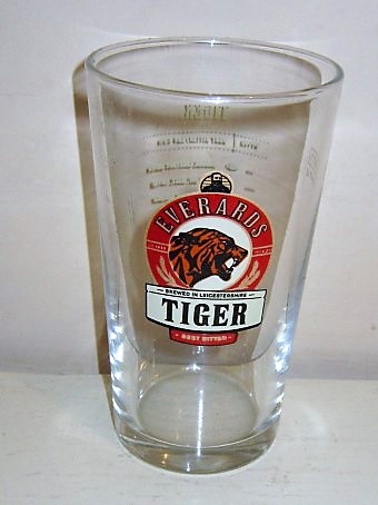beer glass from the Everards brewery in England with the inscription 'Everards Tiger Brewed In Leicestershire Best Bitter EST 1849 ABV 4.3'