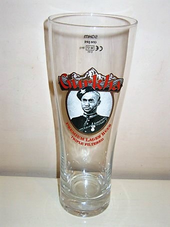 beer glass from the Hepworth brewery in England with the inscription 'Gurkha Premium Larger Beer Tripled Filtered'