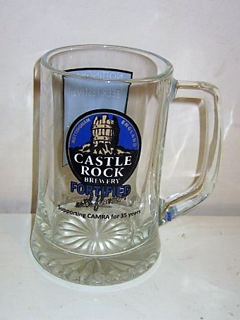 beer glass from the Castle Rock brewery in England with the inscription 'Castle Rock Brewery Nottingham England Supporting Camra For  35 Years'