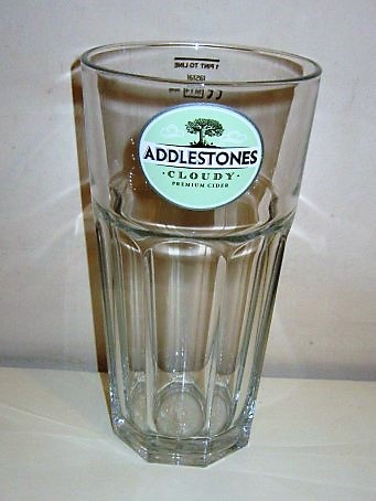 beer glass from the Addlestones brewery in England with the inscription 'Addlestones Cloudy Premium Cider'