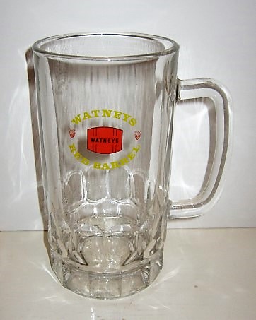 beer glass from the Watney Mann brewery in England with the inscription 'Watneys Red Barrel Watneys'