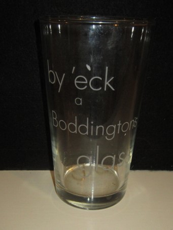 beer glass from the Boddingtons brewery in England with the inscription 'By'eck A Boddington Glass'