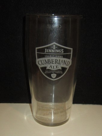 beer glass from the Jennings brewery in England with the inscription 'Jennings Traditional Cumberland Ale Full Flavoured With A Delicate Hop Character ALL 4%Vol A genuine Taste Of The Lake District'