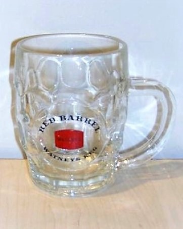 beer glass from the Watney Mann brewery in England with the inscription 'Red Barrel Watneys Keg Watneys'