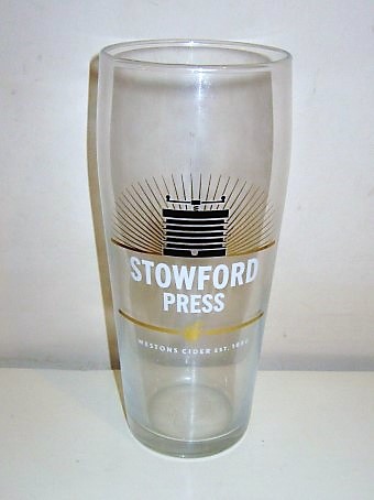 beer glass from the Westons Cider brewery in England with the inscription 'Stowford Press Westons Cider EST 1880'