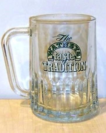 beer glass from the Watney Mann brewery in England with the inscription 'The Watneys Taste Tradtion'