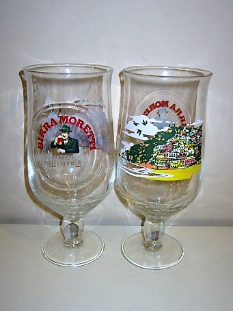 beer glass from the Moretti brewery in Italy with the inscription 'Birra Moretti L'Autentica Ricetta Dal 1859 Premium Lager'