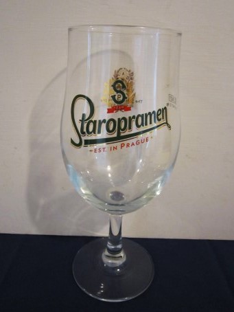 beer glass from the Staropramen brewery in Czech Republic with the inscription 'S 1869 Staropramen EST In Prague'
