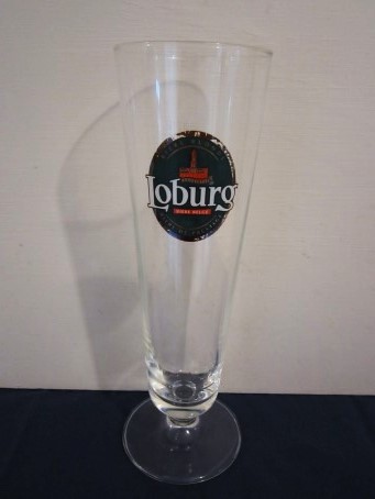 beer glass from the Stella Artois brewery in Belgium with the inscription 'Loburg Biere Belge Biere Blond Biere De Prestige'