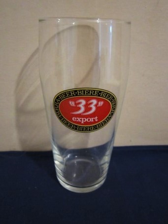 beer glass from the Pelican-Pelforth brewery in France with the inscription '33 Export Beer,Biere,Bier,Birra - Beer,Biere,Bier,Birra'