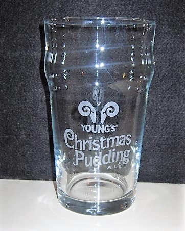 beer glass from the Young's brewery in England with the inscription 'Young's Christmas Pudding Ale'