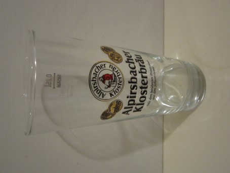 beer glass from the Alpirsbacher brewery in Germany with the inscription 'Alpirsbacher Klosterbrau, Alpirsbacher Klosterbrau'