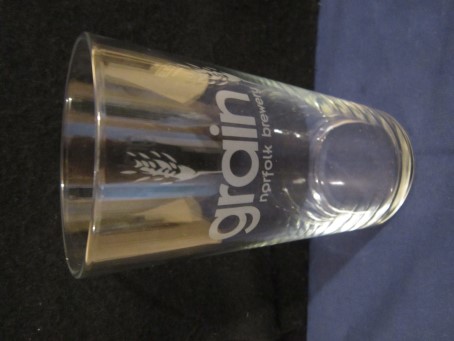 beer glass from the Grain brewery in England with the inscription 'Grain Norfolk Brewery'