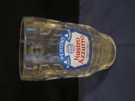 beer glass from the Peroni brewery in Italy with the inscription 'Nastro Azzurru Peroni Birra Premium Export Lager'