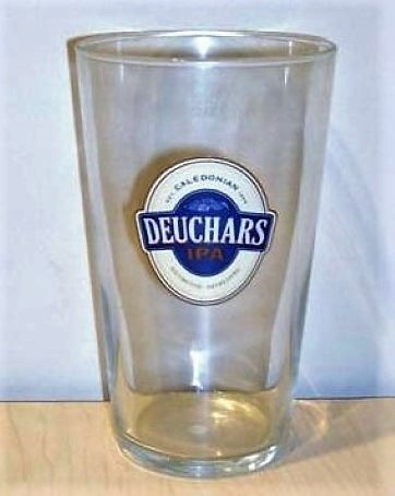 beer glass from the Caledonian  brewery in Scotland with the inscription 'Caledonian Deuchars IPA Distinctive Rerfeshing'