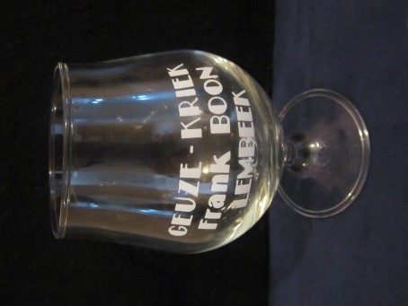 beer glass from the Boon  brewery in Belgium with the inscription 'Geuze Kriek Frank Boon Lembeek'