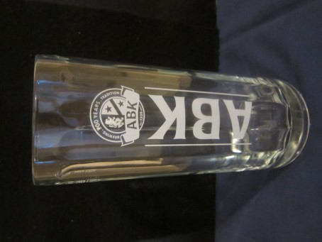 beer glass from the Aktien Kaufbeuren brewery in Germany with the inscription 'ABK Brewing 700 Years Tradition ABK Siet 1308 Since'
